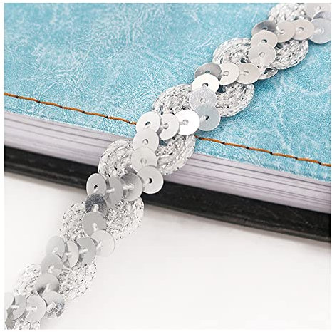 Yurosiay 15m×1.5cm Paillettenband Glänzende Geflochten Paillettenborte Wellig Dekoband Pailletten Zierband Bunt Paillettenband zum Aufnähen Paillettenbesatz für DIY Nähen Handwerk Silber