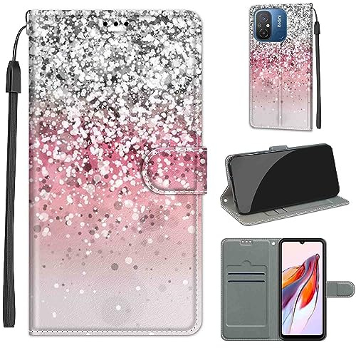 TOMYOU Handyhülle für Xiaomi Redmi 12C Hülle, Silber und Rosa | Standfunktion, Kartenfach, Magnetisch, Stoßfeste Schutzhülle, Flip Leder, Klapphülle