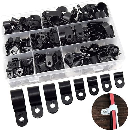 Hocansen 160 Pcs 8 Size R-Type Cable Clips Assortment Kit 1/8 3/16 1/4 5/16 3/8 1/2 5/8 3/4 Screw Mounting Wire Cable Clamp Cord Nylon Fastener for Wire Management (Black/RJ)