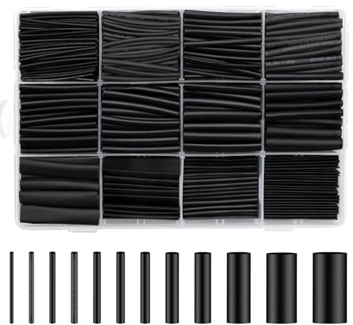 1000 pezzi Guaina Termorestringente nero, Set di tubi termoretraibili impermeabili 1-13 mm, per cavi elettrici,cavi di isolamento