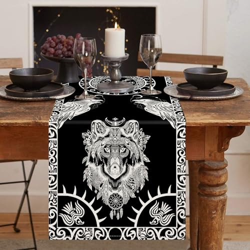 LRartdeco Tischläufer Schwarz Rechteckige Tischbänder Abwaschbar Tischläufer 40x140cm Tischband Wikinger Wolf Odin Gragon Couchtisch Esszimmertisch Schlafzimmer Party Urlaub