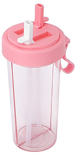 Gsycle Dual Water Bottle, 600ml/21oz Sports Water Bottle Dual-Use Bottle One Cup of Two Different Drinks Portable Two Straws Couple Outdoor Drinking Cup for Hiking Camping(pink)