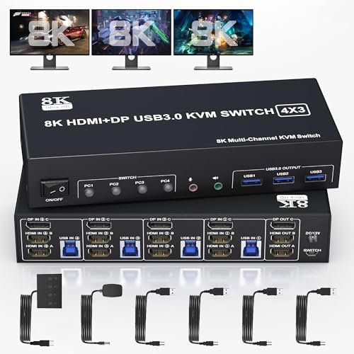 8K@60Hz Displayport +2 HDMI USB 3.0 KVM Switch 3 Monitore 4 Computer, DP 1.4 +HDMI 2.1 4 Port KVM Switch Triple Monitor mit Audio-Mikrofon-Ausgang und 3 USB3.0 Anschlüssen, Triple Monitor Switch