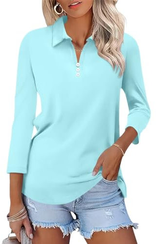 ORANDESIGNE Women's 3/4 Sleeves V Neck Tops Polo Button Shirts Casual Summer Basic Cute Tees, Bright Blue, Medium