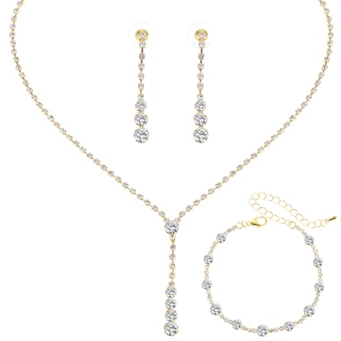 Yolev Hochzeitsschmuck Braut Gold Strass Halskette Armband Ohrringe Kristall Brautschmuck Set Elegante Strass Choker Halskette Hochzeit Modeschmuck für Damen und Mädchen (Gold)