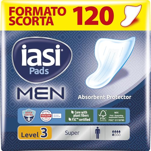 IASI MEN Super Level 3, Escudos Absorbentes para pérdidas urinarias masculinas leves y moderadas, 120 unidades