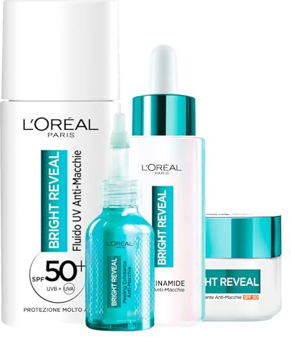 L'Oréal Paris Bright Reveal Anti-Flecken-Kit mit Feuchtigkeitscreme SPF50 50 ml + UV-Flüssigkeit SPF50 50 ml + Peeling 25 ml + Gesichtsserum 30 ml – 4er-Set