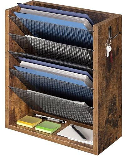 Creso hom Hanging Wall File Organizer, 6 Tier Wood Wall File Holder with 2 Hooks, Mail Organizer Wall Mounted with Bottom Flat Tray, Vertical Paper Desk Storage for Office, Home, Rustic Brown