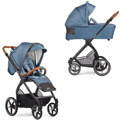 Gesslein Kinderwagen FX4 Swing mit Babywanne Panorama Lyx (Kinderwagen 3 in 1, Liege- & Sitzoption, Sportwagenaufsatz, individuell einstellbar, hoher Komfort, geringes Packmaß, mit Handbremse), Blau