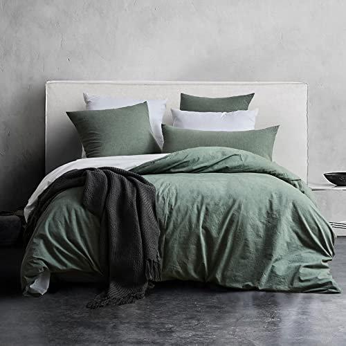 SOULFUL Housse de Couette 220x240 Coton, Verte Sauge Ensembles de Housse de Couette avec Fermeture Éclair, 100% Coton Lavé, Texture Lin, Parure de Lit 220x240 Coton avec 2 Taie d'oreiller 65x65 cm