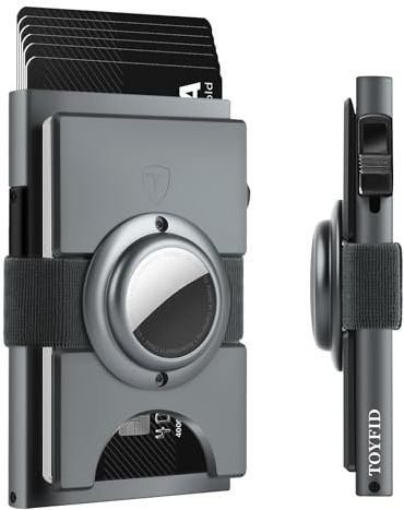 TOYFID Graues Aluminium Kartenetui, für AirTag | Kartenetui mit Auswurftaste für 12 Karten & Scheine. RFID-Blocking. Kompaktes Alu-Gehäuse. Kompatibel mit AirTag.