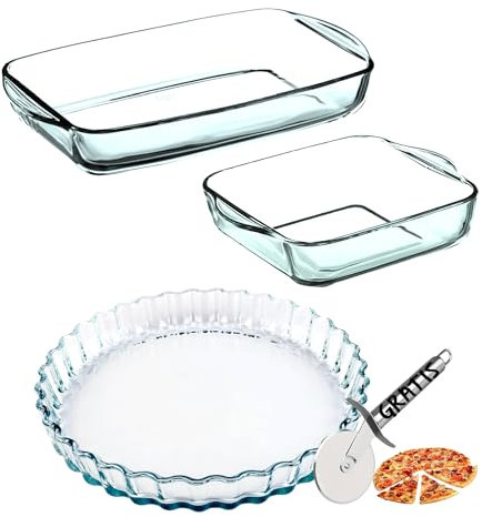Vienberg Juego de fuente de cristal para horno, rectangular, cuadrada, redonda, de vidrio de borosilicato, resistente al calor hasta 300 °C, apto para horno, resistente al calor (juego de 3 piezas)