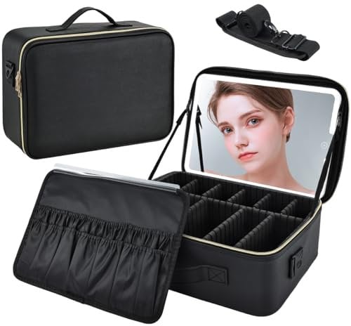 Travel Large Make up Bag with LED Mirror Make up Organiser Bag Cosmetic Bag with Compartment Vanity Case Makeup Box Waterproof Makeup Case Adjustable Brightness in 3 Color Scenarios, Black, Large