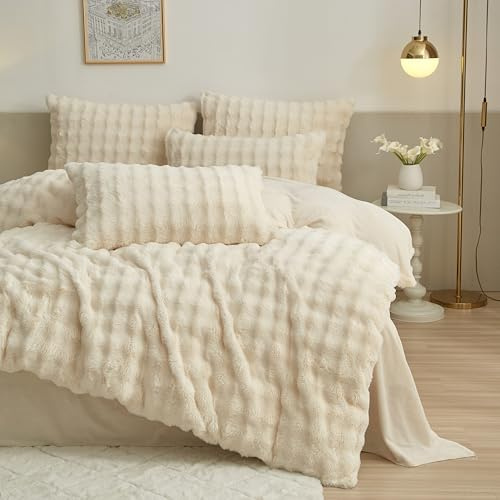 DXHOME Plüsch Bettwäsche 135x200 cm Creme Weiß Kaninchenfell Bettwäsche Flauschig Winterbettwäsche Kuschelig Cashmere Touch Weich Wendebettwäsche Bettbezug mit Reißverschluss und 1 Kissenbezug 80x80cm