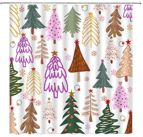 GCTNBJL Duschvorhang mit Weihnachtsbaum-Motiv, lila, braun, grün, Weihnachtsbaum, Schneeflocke, Winterurlaub, niedlicher Badezimmer-Vorhang mit Haken, 178 x 178 cm