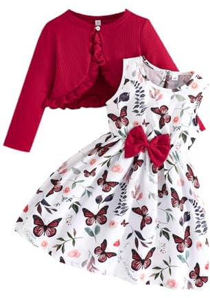 Yanmucy Vestito e Cardigan per Bambine 2 Pezzi Abitini per Abiti Floreali Toddler Bambini Manica Lunga Cappotto Volant Ragazze Vestito per 2-8 Anni