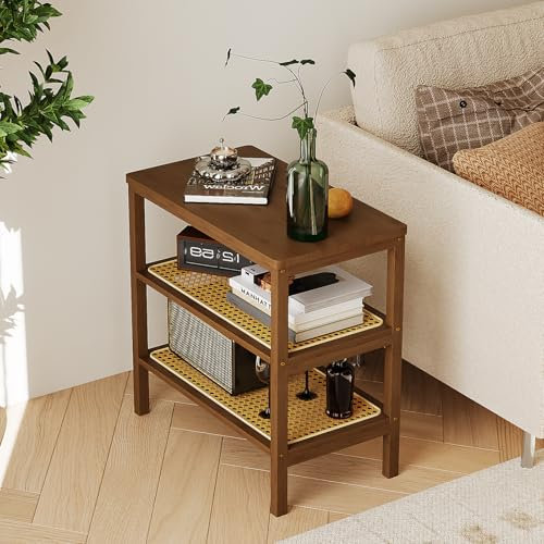 Rattan Side Table Mid Century Modern End Table 3-Tier with Storage Narrow Coffee Table Boho Night Stand Bamboo