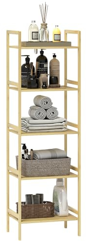 HOMCOM Étagère Salle de Bain à 5 Niveaux, étagère en Bambou, 5 étagères réglables en 9 Positions, pour Cuisine, Salle de Bain, Salon, 43,5 x 31,5 x 142 cm, Bois Naturel