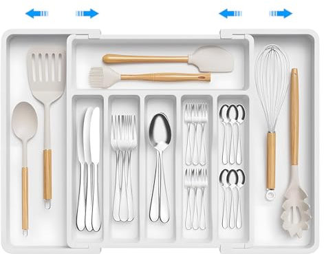 Plateau d'Ustensiles Extensible pour Tiroir,Range Couverts,Organisateur de Tiroir pour la Cuisine,Support de Rangement en Plastique pour Couverts, Cuillères, Fourchettes,etc,Blanc