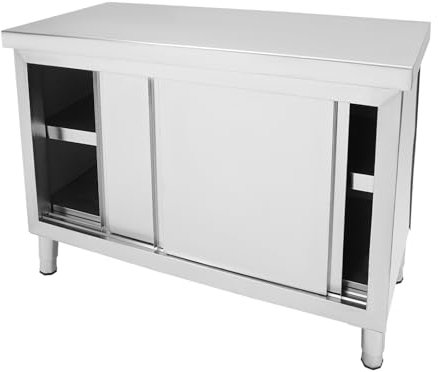 Queeucaer 120 x 50 cm, puertas correderas, mesa de trabajo comercial, armario de trabajo de cocina, mesa de trabajo de acero inoxidable con puertas en cocinas, garajes, jardines, bares, restaurantes,