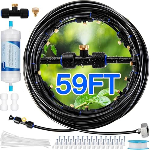 Sistema di nebulizzazione per esterni Spray Mist Cooling Patio (18M) con filtro per l'acqua - Linea Fog System 20 ugelli nebulizzatori in ottone Adattatore per nebbia in ottone (3/4) Patio Mist
