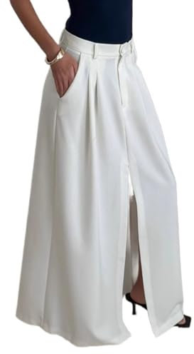 LoprNsdgt Lässige Lose Lange Röcke Für Damen Plissee Leichter Bodenlanger Rock Mit Schlitz Und Taschen,Weiß,M