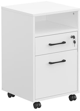 Panana Mobile File Cabinet, Filing Cabinet with 1 Lockable Drawer, Open Shelf and 1 Door, Rolling Printer Stand with 4 Wheels Cupboard Office Home Organiser (White)