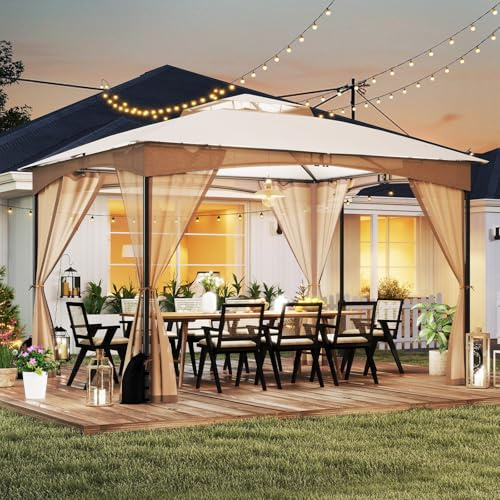 RELAX4LIFE Tonnelle de Jardin Exterieur avec Moustiquaire, Pavillon de Jardin, Protection Solaire, Cadre Métallique, Sacs de Sable, Montage sans Outil, Tente de Reception pour Terrasse Patio (Kaki)