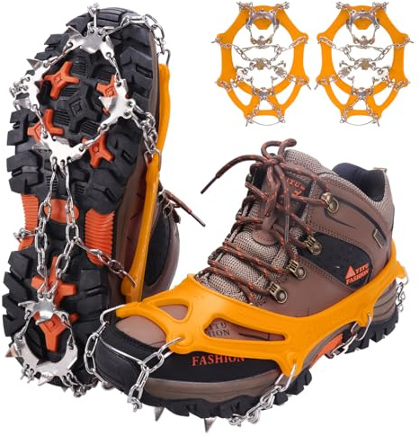 WIN.MAX Steigeisen Grödel Eisspikes, Schuhkrallen mit19 Edelstahl Zähne Spikes Schuhkrallen Grödeln Eisspikes für Klettern Bergsteigen Trekking High Altitude Winter Outdoor (Gelb, M)
