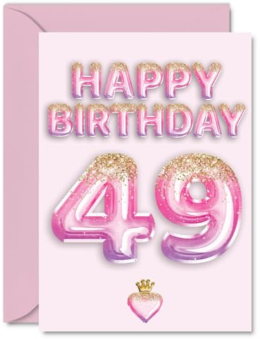 49th Birthday Cards for Women and Men, Pink & Purple Glitter Balloons | Happy Birthday Card for 49 Year Old Man Woman Sister Wife Cousin Dad, A5 Bday Greeting Cards