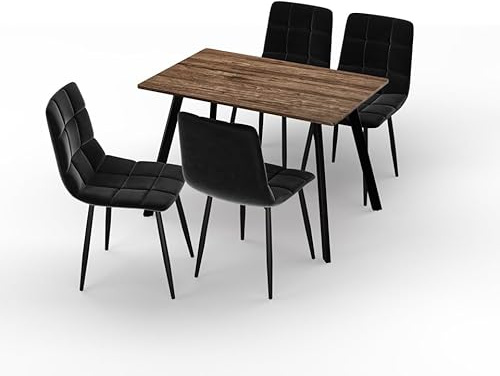 URBNLIVING 110cm Dining Table & 4 Velvet Chairs Set – Modern Metal Frame Kitchen Furniture, Contemporary Dining Room Set - Rustic Oak Table Black Chair