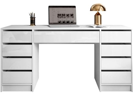 Lookway Schreibtisch MADA Double mit Schubladen – Modern, Eleganter Kosmetiktisch in Kaschmir oder Weiß Hochglanz (Weiß/Weiß Hochglanz)
