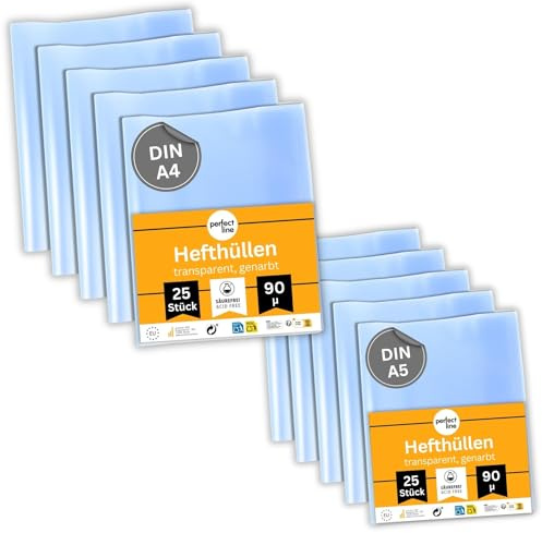 perfect line 50 häftfickor DIN A4 & A5, transparent, häftkuvert, transparent och kornigt, häftskydd av återvinningsbar PP (25 st vardera)