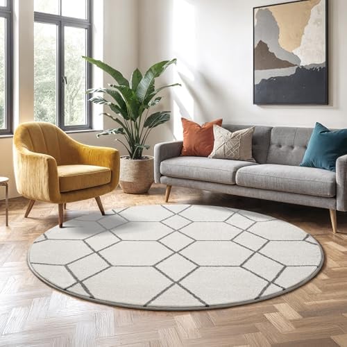SANAT Wohnzimmerteppich – Pflegeleicht, für jeden Raum geeignet – Öko-Tex zertifizierter Flächenteppich – Trellis Muster, Creme, 200 cm Rund