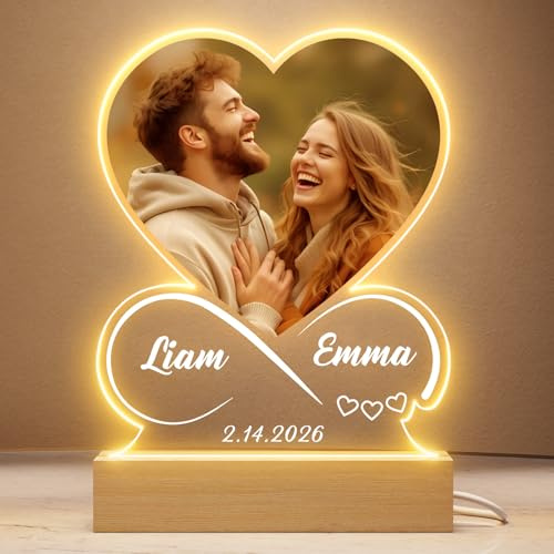 Greatminer Bilderrahmen Personalisiert mit Foto - Personalisierte Geschenke für Frauen Männer Freundin - Unendlichkeitszeichen Herz Acrylglas mit LED - Fotogeschenk Valentinstag Jahrestag
