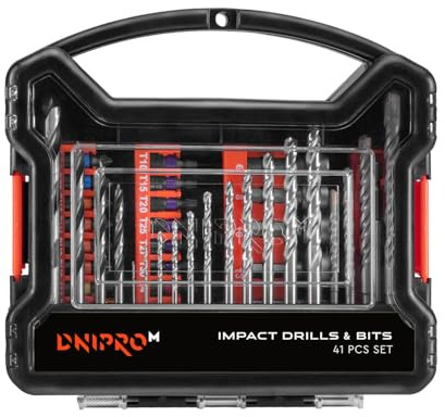 Set 41 Piezas Brocas y Puntas de Impacto Dnipro-M HSS S2 con Maletín | Puntas S2 de 58–62 HRC, hasta 1000 tornillos │ Vasos Cr-V y maletín incluido │ Marcado por colores para identificación rápida