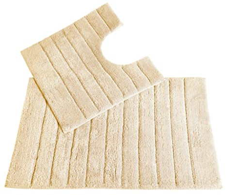Allure Ribbed Design 2 Piece Bath and Pedestal Toilet Mat Set, 100% Cotton (Stone)