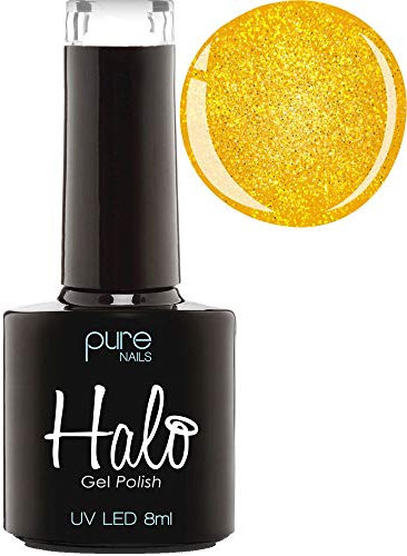 Halo Gel Polish 8ml - Yellow Gold Sparkle. UV/LED Gel Nail Polish, Long Lasting & Easy To Apply. Nail Art Colours For Manicure & Pedicure. Gel Polish For Professional & Home Use.