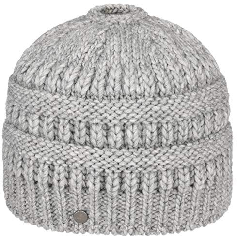 LIERYS Mütze mit Zopfloch Damen Strickmütze Beanie Schurwolle Alpakawolle Futter Baumwolle Herbst/Winter hellgrau One Size