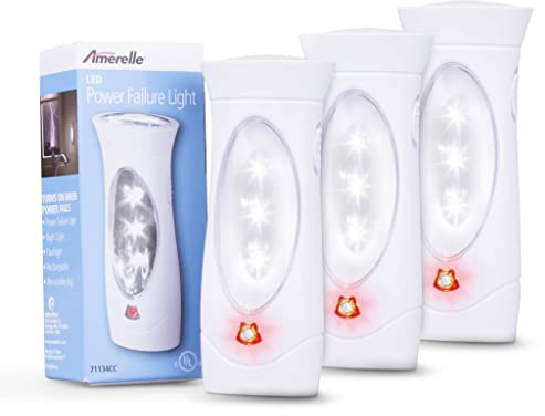 Amerelle LED Emergency Lights For Home Power Failure, 3 Pack - Triple Function Power Failure Light and Plug In Flashlight Combo, With Rechargeable Battery - Be Snow Storm & Hurricane Ready (71134)
