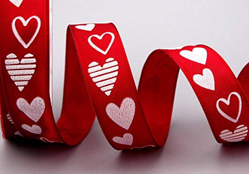 3 m x 25 mm Dekoband 'Valentin' ROT Geschenkband Stoffband mit Draht Herzen Hearts Liebe Valentinstag Geburtstag Hochzeit Deko Drahtkantenband Schleifenband