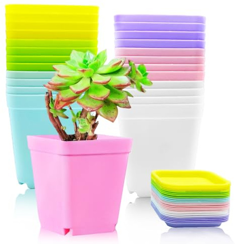 Haawooky Lot de 24 Pots de Fleurs carrés colorés en Plastique avec soucoupes pour décoration de Chambre, Jardin, Bureau et Balcon