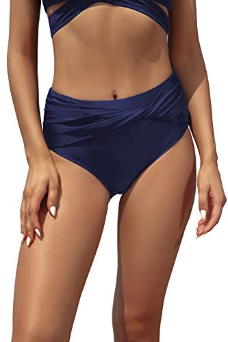 SHEKINI Femmes Taille Haute Bas De Bikini Twisted Élastique sous-Vêtements Camions De Natation Solide Couleur Shirred Slip Slips Maillots De Bain (Bleu foncé, S)