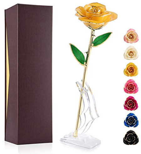 Ejoyous Gold Plated Rose 24K Forever Real Rose Gift Lover Mom Wife Daughter Girl Friend, Unique Present for Wedding Anniversary Birthday Proposal Reward, Yellow Rose With Base
