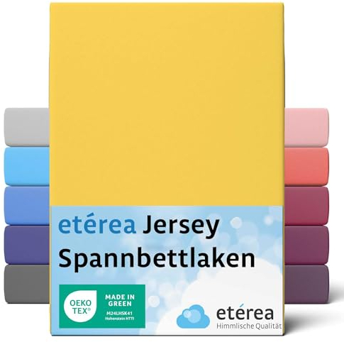 etérea Jersey Spannbettlaken 200x220cm Gelb bis 25 cm Höhe - 100% Baumwolle Spannbetttuch Oekotex - Bed Sheets Leintuch Bettbezug mit Rundumgummi - Bettlaken 200x220 cm - Yellow