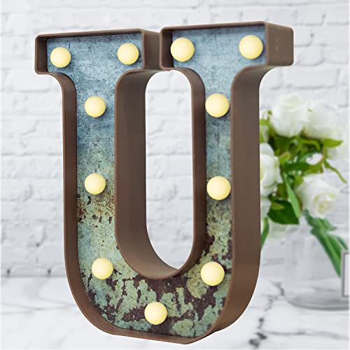 Lettres lumineuses à LED pour chapiteau - Style vintage industriel - Effet métal rouille - Lettres lumineuses pour Noël, mariage, fête d'anniversaire, maison, café, bar - U
