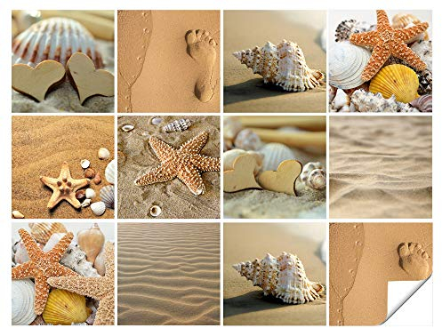GRAZDesign Fliesenaufkleber Bad maritim Strand Braun Wandfliesen selbstklebend Klebefliesen - Strand mit Muscheln