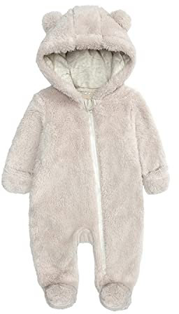 Alunsito Neonato Orso Orecchio Snowsuit Manica Lunga Con Cappuccio Tuta Intera In Pile Invernale Caldo Pagliaccetto Tuta Beige 3 0-3, Mesi
