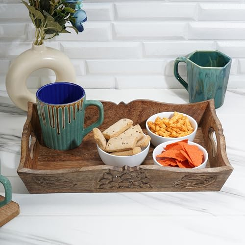Ajuny Wooden Serving Tray with Handles 38 cm / 15 Inch Rectangular Table Platter Natural Wood for Breakfast Snacks Coffee & Tea Home Bar or Kitchen Décor, Gift Idea