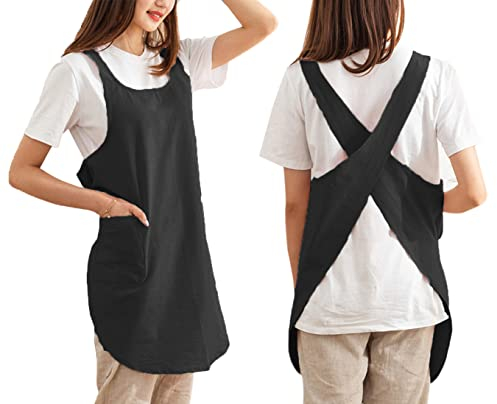 Baumwoll-Schürze mit gekreuzten Rücken, einfarbig, für Küche, Garten, Kittel für Damen und Mädchen, mit Taschen, Schwarz, 37W x 32L